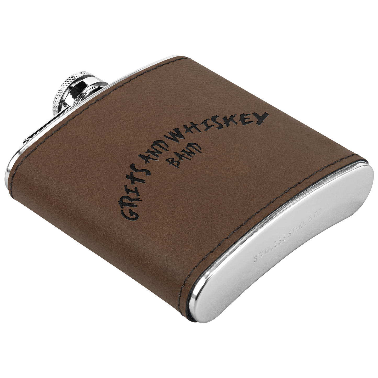 Grits_and_Whiskey_Band_Flask_Dk_Brown_Angle_Mockup.png